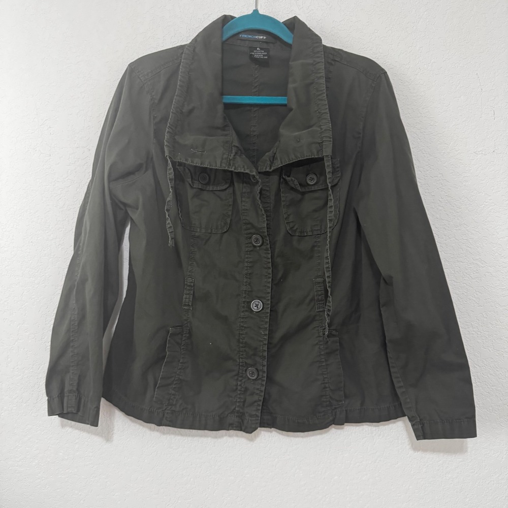 FRENCH CUFF Utility Jacket Olive‎ Green Button Front Cotton XL Women